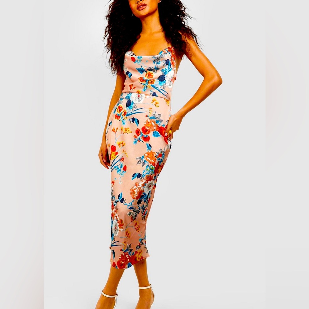 Satin Floral Cowl Flute Hem Slip Dresd